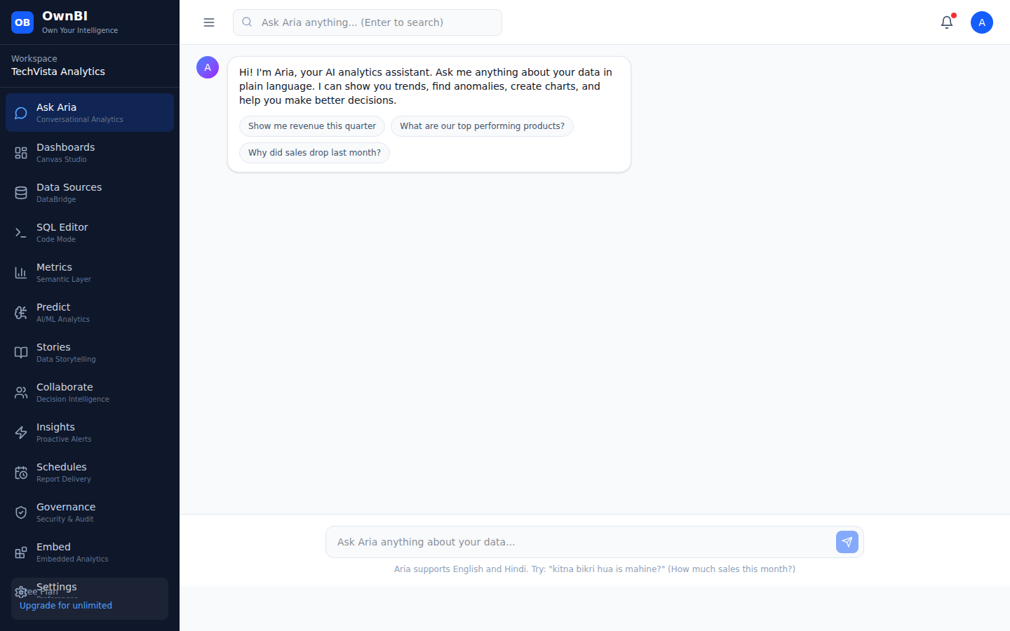 The Ask Aria chat with starter prompt suggestions.