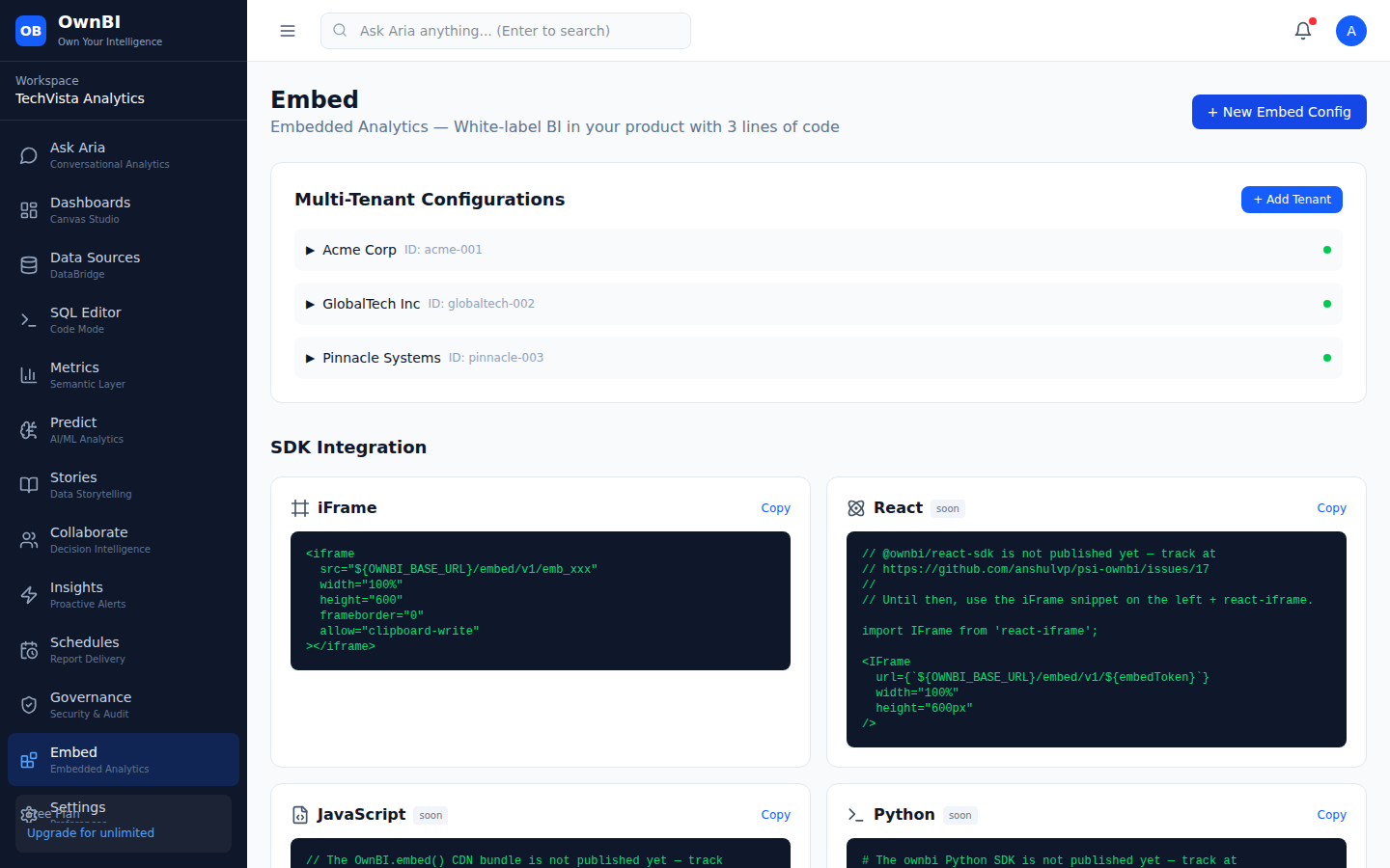 Embed: create embed configs and manage tenants for white-label analytics.