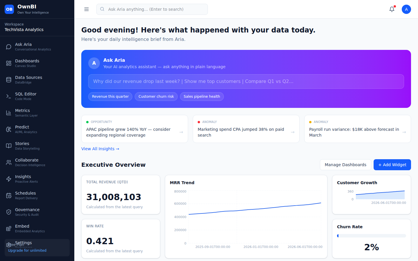 Home: greeting, daily brief, Ask Aria prompt, and Executive Overview KPIs.