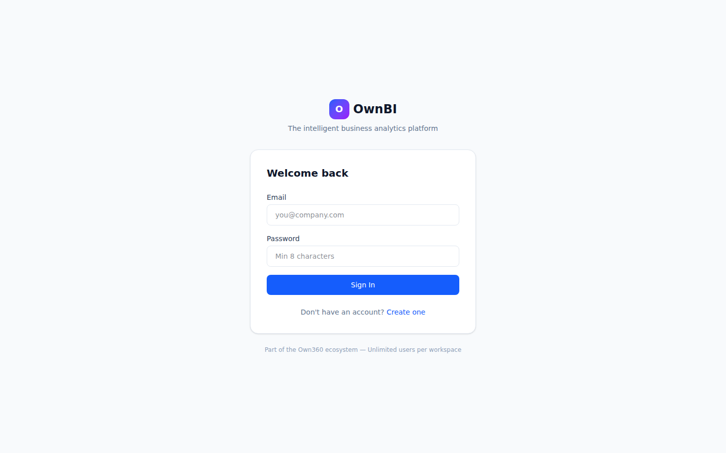 The OwnBI sign-in screen.