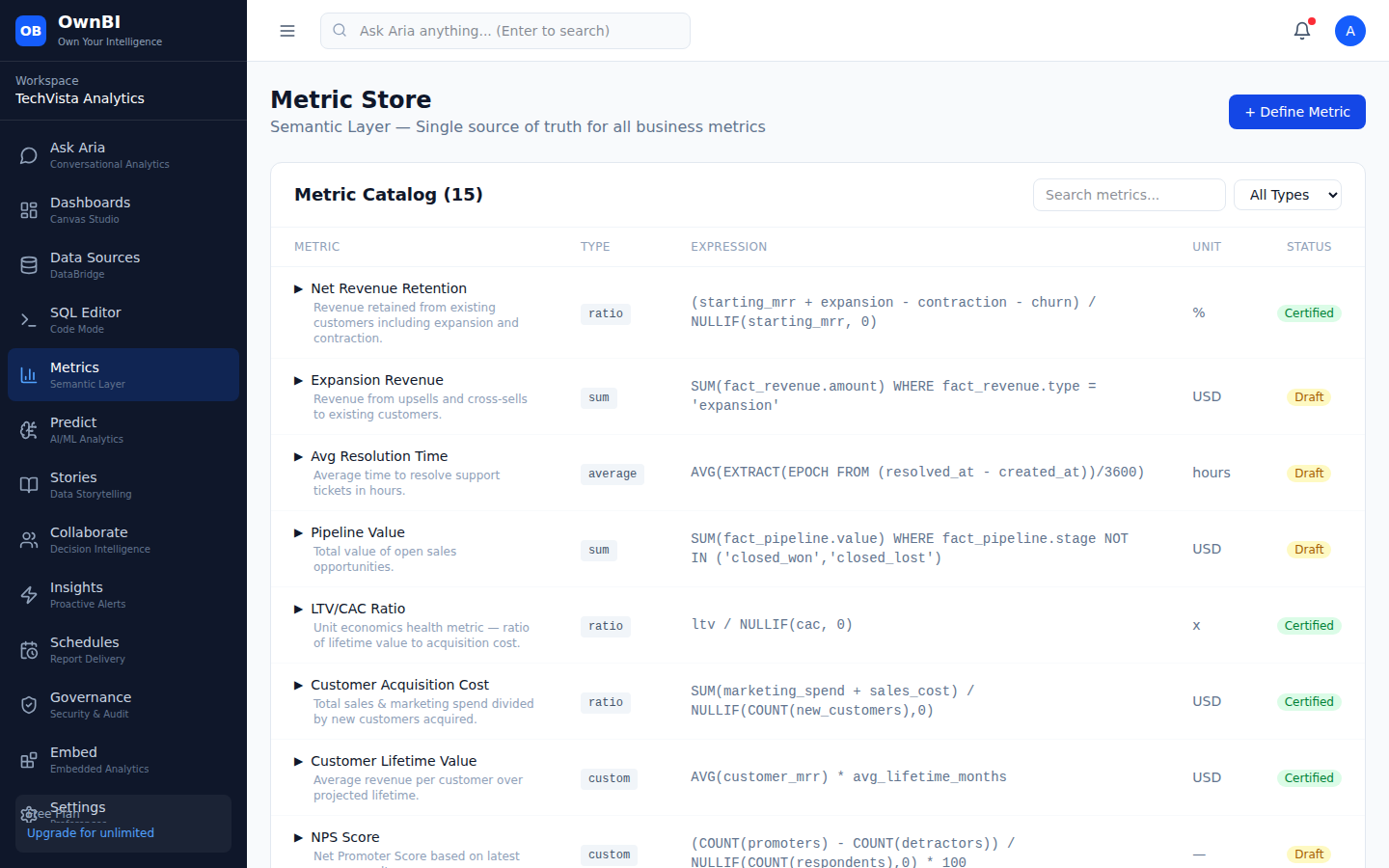 The Metric Store: governed metrics and the business glossary.
