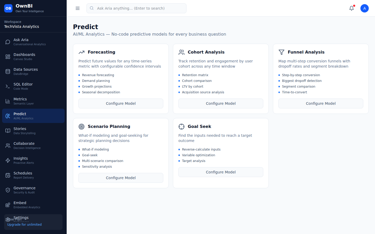 Predict exposes no-code forecasting and analysis that agents can drive (forecasts, cohorts, funnels, scenarios).