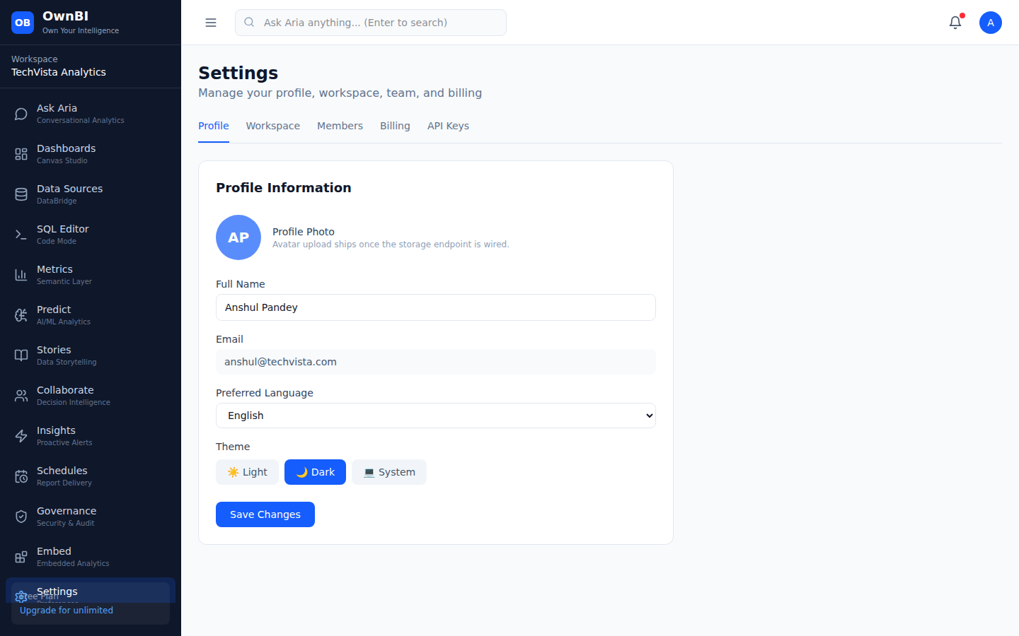 Settings with Profile, Workspace, Members, Billing, and API Keys tabs.