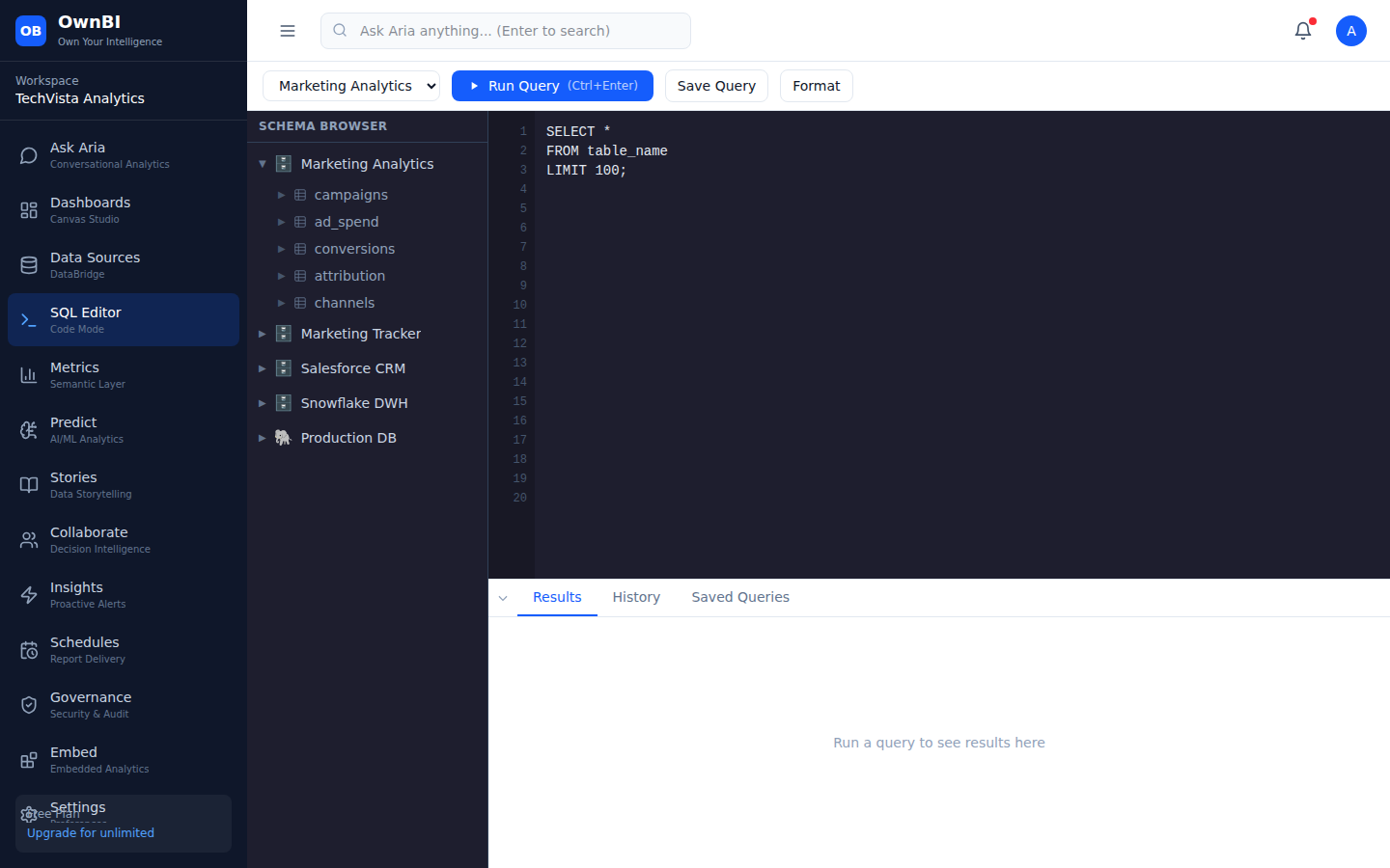 The SQL Editor with a datasource selector, editor pane, and run controls.