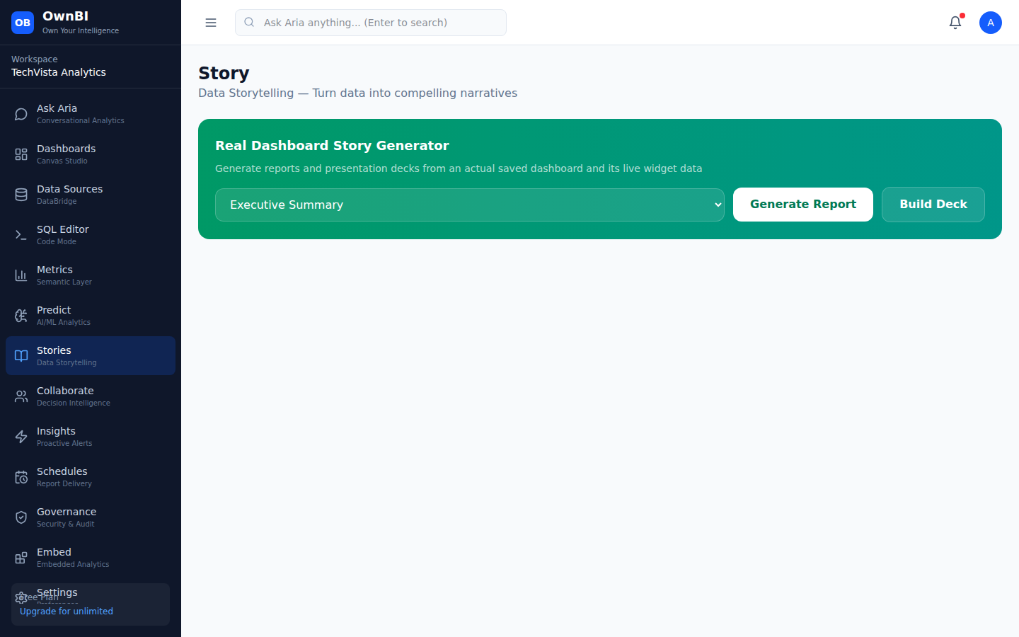 Story: generate narrative reports or presentation decks from a dashboard.